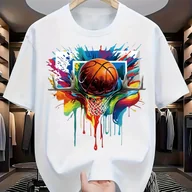 Koszulki męskie - TEMU Koszulka Męska z Grafiką Koszykówki - Niebieski T-Shirt z Wzorem Obręczy, Lekka Letnia Bluzka i Codzień - Oddychający Okrągły Dekolt dla Fanów - miniaturka - grafika 1