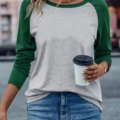 Bluzki damskie - TEMU Koszulka Damska Casual Raglan z Długim Rękawem - Czarno-Jasnoszary Blok, Luźny Fason, Średnio Elastyczna, Pranie w Praniu Maszynowym, - miniaturka - grafika 1