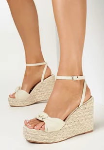 Beżowe Sandały na Koturnie z Juty i Kolorowej Nitki z Supełkiem z Przodu Turolia - Sandały damskie - miniaturka - grafika 1