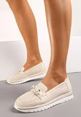 Mokasyny damskie - Beżowe Mokasyny z Drobną Perforacją i Klamerką ze Skórzaną Wkładką Avaxia - miniaturka - grafika 1