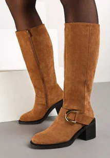 Brązowe Ocieplane Kozaki na Obcasie Ozdobione Klamrą Asiti - Kozaki damskie - miniaturka - grafika 1