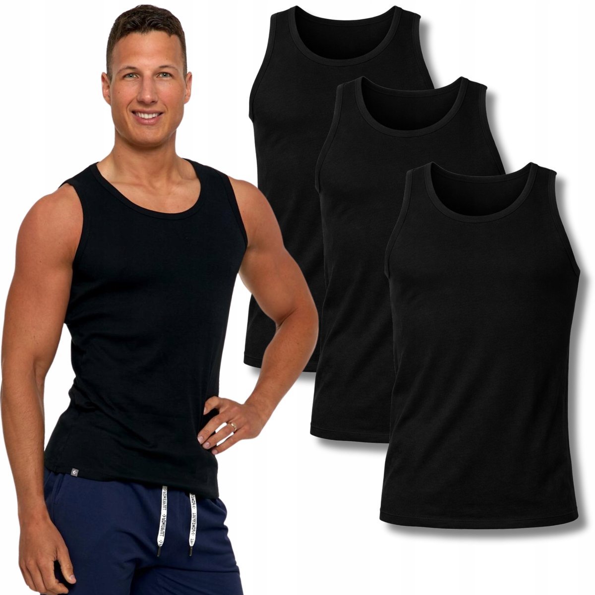 3X PODKOSZULKA KOSZULKA MĘSKA BAWEŁNIANA GŁADKA TANK TOP 3PAK MORAJ L BLACK