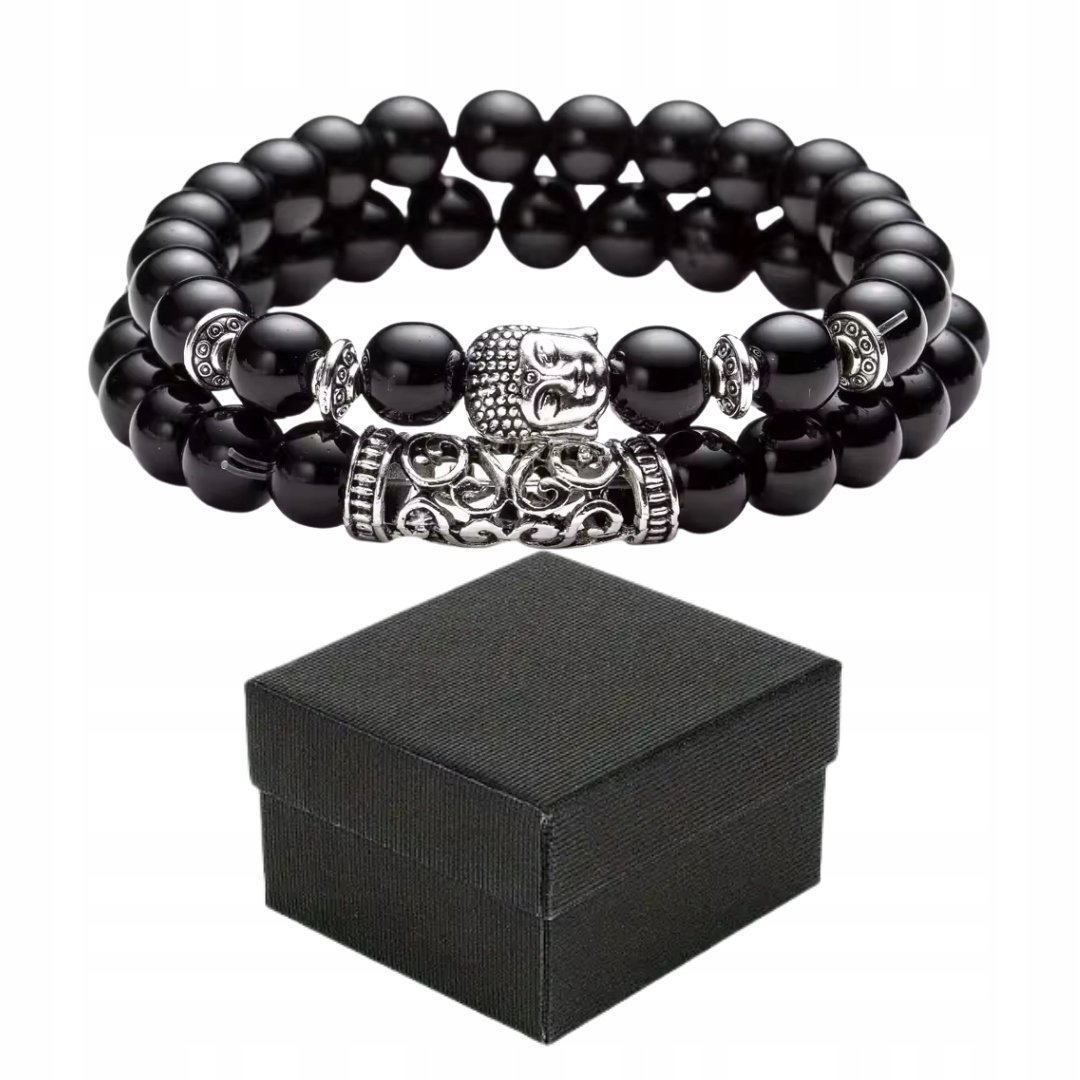 Zestaw 2 Bransoletek Czarne Połysk z Kamieni Ozdobnych Unisex w Pudełku