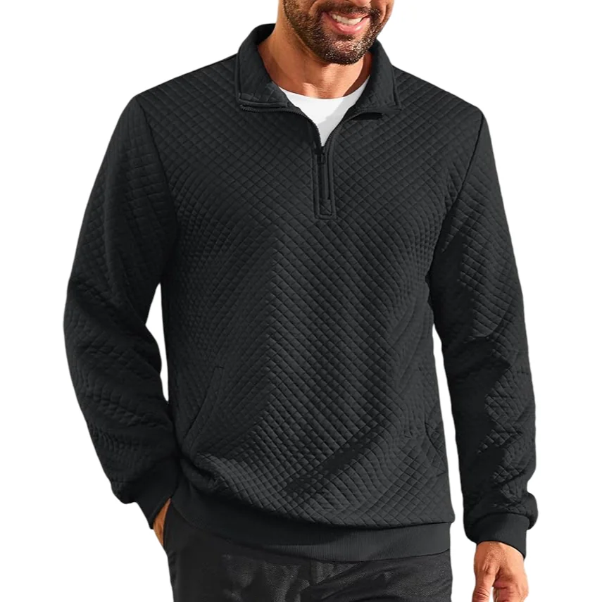 Męski Sweter Golf Wafelkowy Długi Rękaw Zamek Elegancki Stylowy Czarny L
