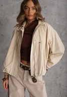 Kurtki damskie - Beżowa Oversizowa Kurtka Przejściowa o Kroju Bombki z Bawełny i Wiskozy Birana - miniaturka - grafika 1