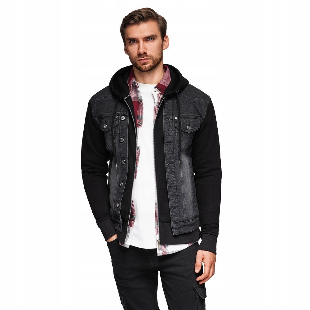 Kurtka męska jeansowa z dzianinowymi rękawami czarna V3 OM-JADJ-0220 r. XXL