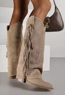 Kozaki damskie - Ciemnobeżowe Kozaki Kowbojki na Stożku z Cholewką Imitującą Nogawkę z Frędzlami Monettea - miniaturka - grafika 1