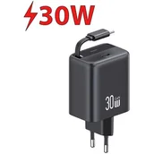 Ładowarki do telefonów - USAMS Ład. siec. 1xUSB-C ze zwijanym kablem USB-C Retractable PD+QC 30W Gan Fast Charging czarny/black YC Series CC241TC01 (US-CC241) - miniaturka - grafika 1