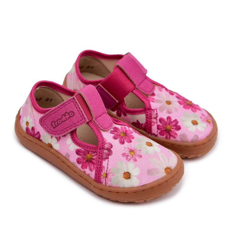 Kapcie Dziecięce Na Rzep W Kwiatki Barefoot Froddo Cannvas G1700439-4 Różowe 33-33