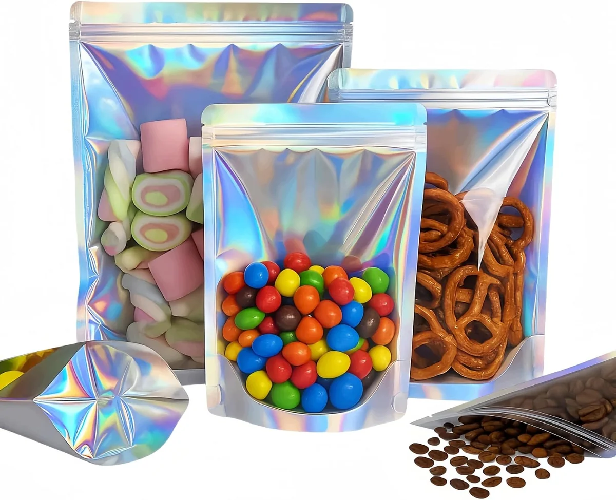 TOREBKI 10X15CM 100SZT WORECZKI STRUNOWE HOLOGRAFICZNE DOYPACK ALUMINIOWE