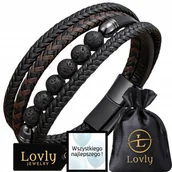 Bransolety męskie - SKÓRZANA BRANSOLETKA MĘSKA STAL NIERDZEWNA CZARNA PREMIUM + NATURALNA LAWA - miniaturka - grafika 1