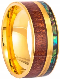 Złoty Pierścień z Drewnem i Masą Perłową Sygnet Luksus Elegancja - Pierścionki - miniaturka - grafika 1