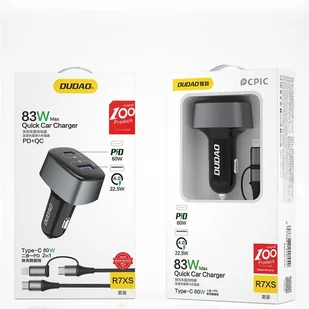 Dudao ładowarka samochodowa USB / USB Typ C Power Delivery (60 W) Quick Charge 4.0 (22,5 W) + kabel USB Typ C - USB Typ C / Lightning czarny (R7XS black) - Ładowarki samochodowe - miniaturka - grafika 6