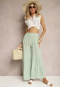Spodnie damskie - Jasnozielone Spodnie z Szerokimi Nogawkami Palazzo z Falbankami i Gumką w Pasie Dimlin - miniaturka - grafika 1