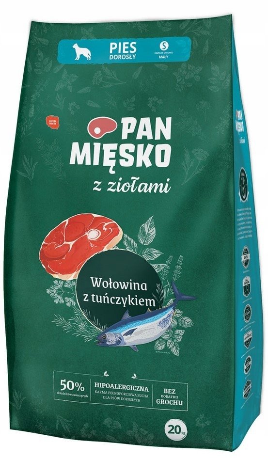 Pan Mięsko z Ziołami wołowina z tuńczykiem S sucha karma dla psa waga 20 kg