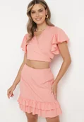 Komplety damskie - Różowy 2-Częściowy Komplet Top Wiązany pod Biustem Spódnica z Gumką w Talii z Falbankami Agustins - miniaturka - grafika 1