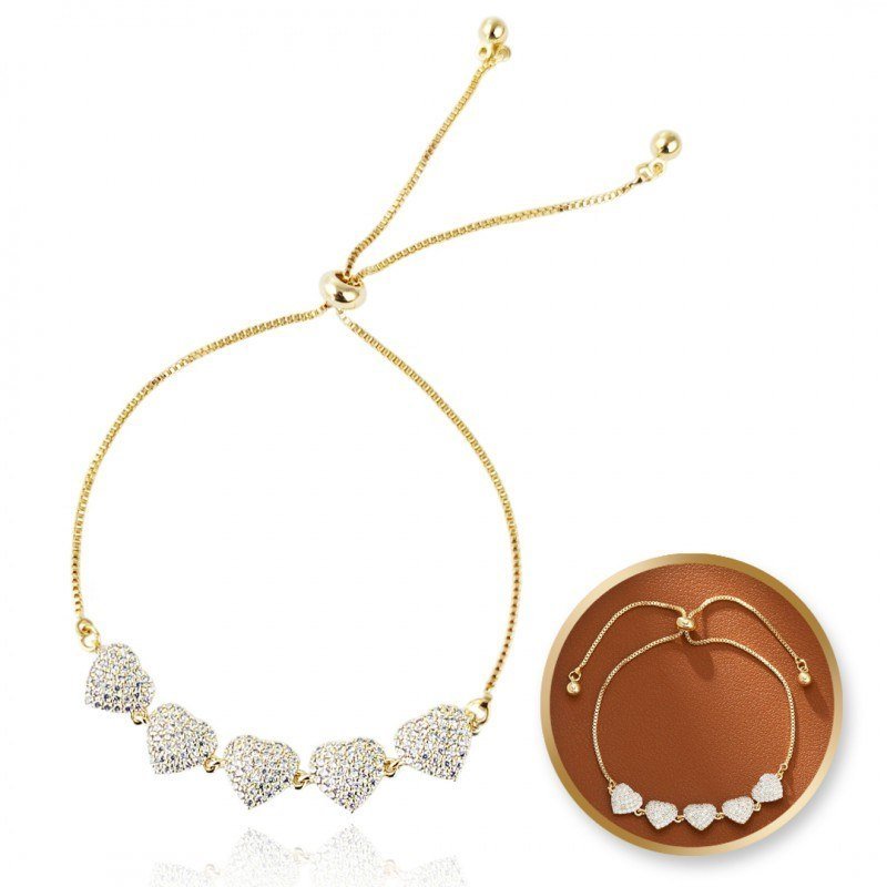 Bransoletka Na Rękę Stal Chirurgiczna Pozłacana 14K Złotem, Serca Cyrkonie Bst1534