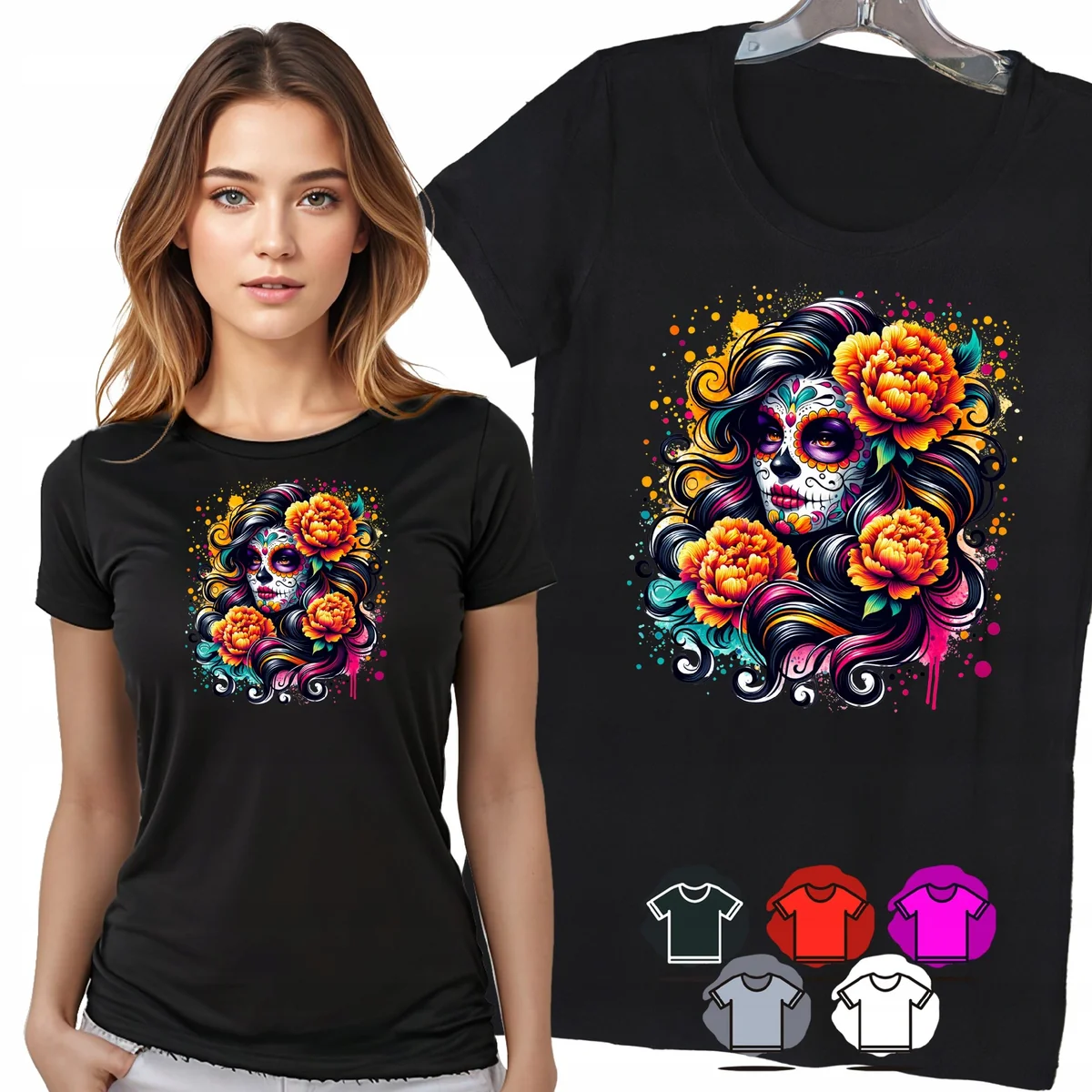 KOSZULKA DAMSKA T-SHIRT - SANTA MUERTE POMARAŃCZOWE KWIATY PORTRET - 3XL