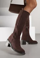 Kozaki damskie - Brązowe Kozaki Oficerki Vices na Słupku z Ozdobnymi Panelami przy Cholewce Aforrive - miniaturka - grafika 1