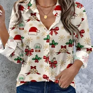 Koszule damskie - TEMU Bluzka Damska na Boże Narodzenie - Świąteczne Czapki Mikołaja, Kokardy i Płatki Śniegu w Kolorach Czerwonym, Zielonym i Złotym na Beżowym Tle - - miniaturka - grafika 1
