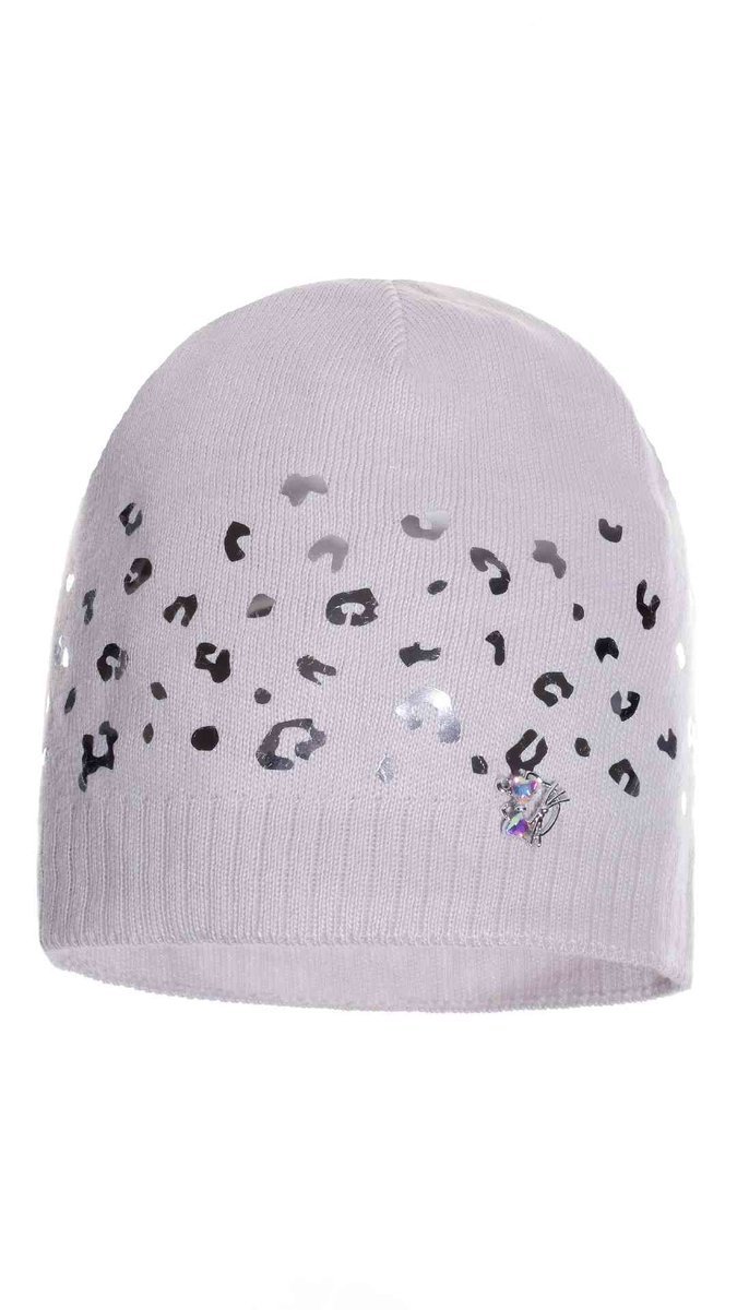 Dziewczęca czapka w panterkę z przywieszką jasnoszara Ambra r.42/44