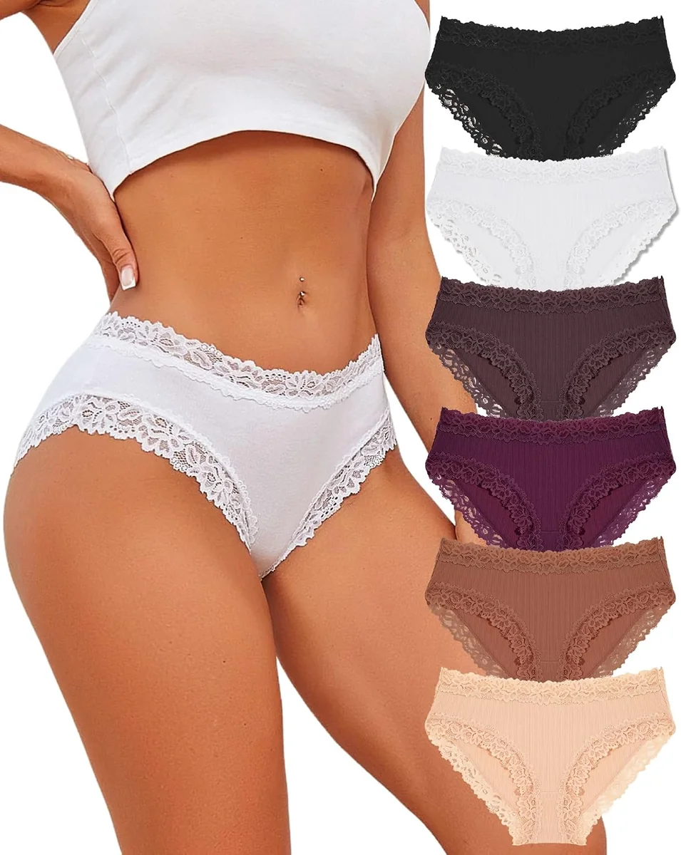 Bawełniane majtki damskie brazylijskie koronkowe hipsterskie 6 sztuk XL