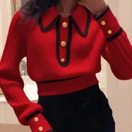 Swetry damskie - TEMU Sweter damski na jesień/zimę, do noszenia na zewnątrz lub pod spodem, wygodny, ciepły, elegancki design z kontrastowym kołnierzem i wykwintnymi - miniaturka - grafika 1