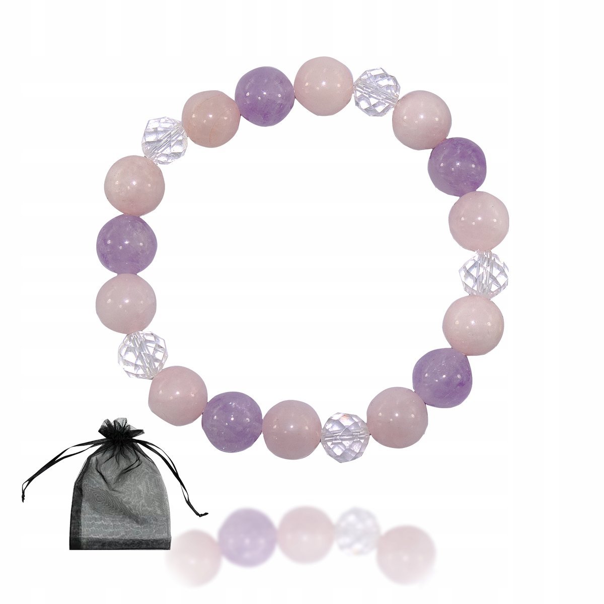 Bransoletka Mix Ametyst Kwarc Różowy Kryształ Górski na gumce Natura