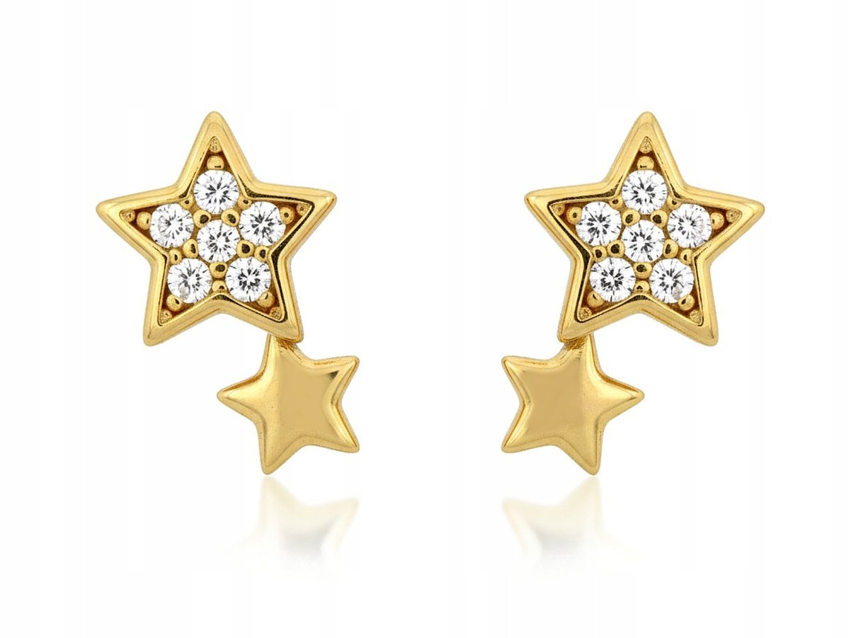 KOLCZYKI ZŁOTE 585 dwie gwiazdki na sztyfcie z cyrkoniami 9,6 mm 1,06 g