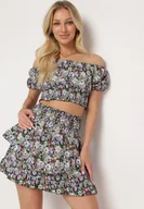 Komplety damskie - Czarno-Fioletowy Komplet 2-Częściowy Bluzka Typu Hiszpanka Spódnica z Falbanką i Gumką w Talii Dimonna - miniaturka - grafika 1