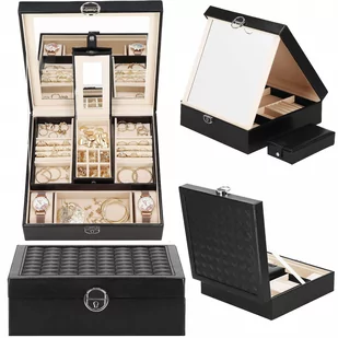 Szkatułka na biżuterię ekoskóra 25 x 25 x 8,5 cm czarny organizer z przegródkami i lusterkiem - Pudełka i szkatułki - miniaturka - grafika 1