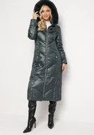 Kurtki damskie - Ciemnozielona Pikowana Kurtka Maxi z Ozdobnym Marszczeniem i Futerkiem Estenous - miniaturka - grafika 1