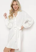 Sukienki - Biała Sukienka Koszulowa Zapinana na Guziki z Paskiem w Talii i Ozdobnym Rękawem Rigaudona - miniaturka - grafika 1