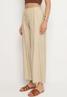 Spodnie damskie - Beżowe Wiskozowe Szerokie Spodnie z Wysokim Stanem Divola - miniaturka - grafika 1
