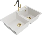 Zlewozmywaki z baterią - Mexen Tomas zlewozmywak granitowy 2-komorowy z baterią kuchenną Flora, biały - 6516-20-670401-57-G - miniaturka - grafika 1