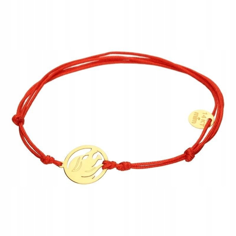 Złota bransoletka 14KT czerwony sznurek regulacja znak zodiaku lew prezent