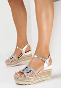 Sandały damskie - Srebrne Sandały Ozdobione Cyrkoniami na Koturnie i Platformie z Plecionką Zolina - miniaturka - grafika 1