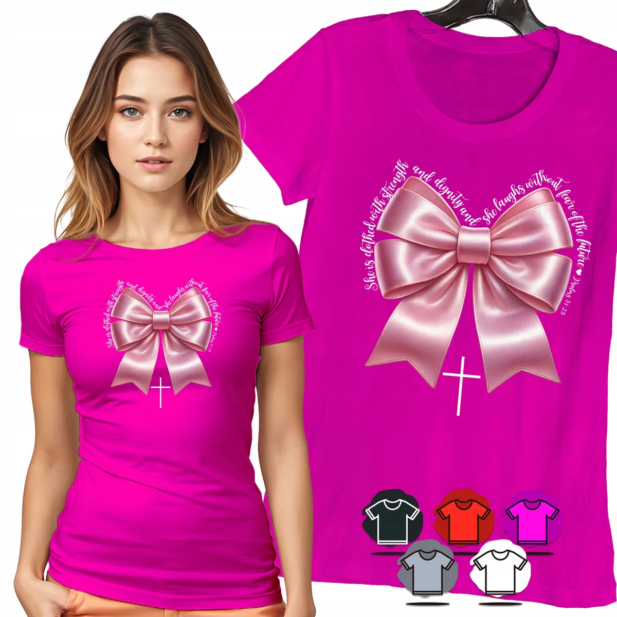 KOSZULKA DAMSKA T-SHIRT - RÓŻOWA SATYNOWA KOKARDKA ELEGANCKI PREZENT - 3XL