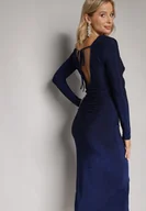 Sukienki - Granatowa Dopasowana Sukienka Midi z Metaliczną Nitką i Odkrytymi Plecami Niorve - miniaturka - grafika 1