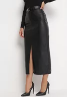 Spódnice - Czarna Spódnica Maxi z Ekoskóry i Paskiem Jile - miniaturka - grafika 1