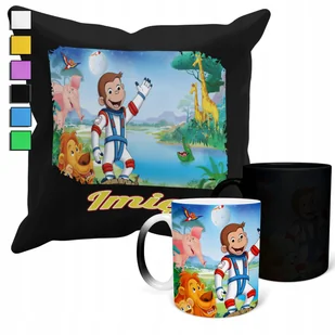ZESTAW KUBEK MAGICZNY + POSZEWKA Z PODUSZKĄ-CIEKAWSKI GEORGE PREZENT + IMIĘ - Gadżety dla niej i dla niego - miniaturka - grafika 1