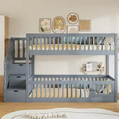 Łóżka dla dzieci i młodzieży - Łóżko piętrowe 90x200cm - ze schodkami zabezpieczającymi - z 3 szufladami - Szare (materac nie jest wliczony w cenę) - miniaturka - grafika 1