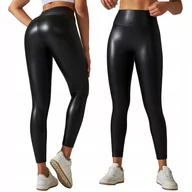 Legginsy - Legginsy MODNE Wysoki Stan MODELUJĄCE EKOSKÓRA Elastyczne PUSHUP CZARNE S - miniaturka - grafika 1
