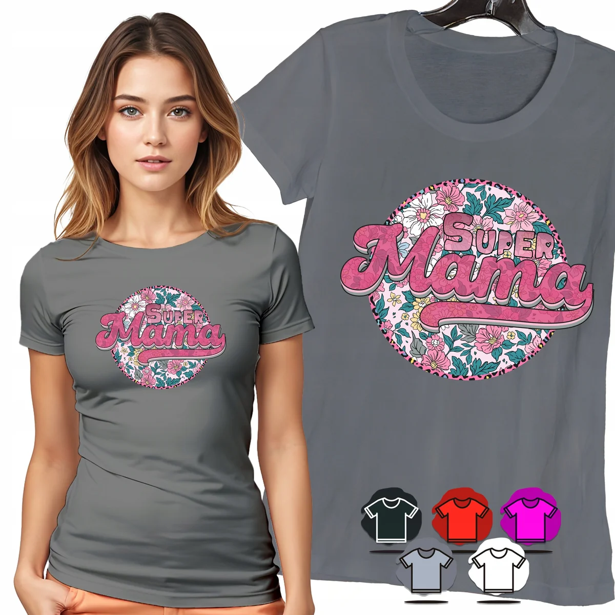 KOSZULKA DAMSKA T-SHIRT - SUPER MAMA KWIATOWE KOŁO RÓŻOWY WZÓR PREZENT - S