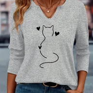Bluzki damskie - TEMU Sweter damski z nadrukiem kotów i serc - tunika V-neck 3/4 rękawa, miły szary w czarnego na białych ślicznych motywach. Przytulny sweterek - miniaturka - grafika 1