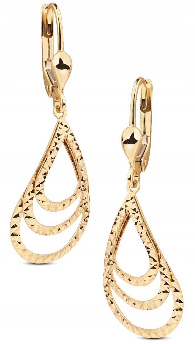 PIĘKNE ZŁOTE DIAMENTOWANE KOLCZYKI WISZĄCE ŁEZKI KROPELKI 14KT 585