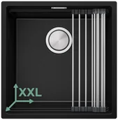 Zlewozmywaki - Zlewozmywak granitowy z dużą komorą XXL jednokomorowy + wkładka ociekowa gratis Praga 50 Level kolor Czarny. Baterie kuchenne i syfon do wyboru. Primagran - miniaturka - grafika 1