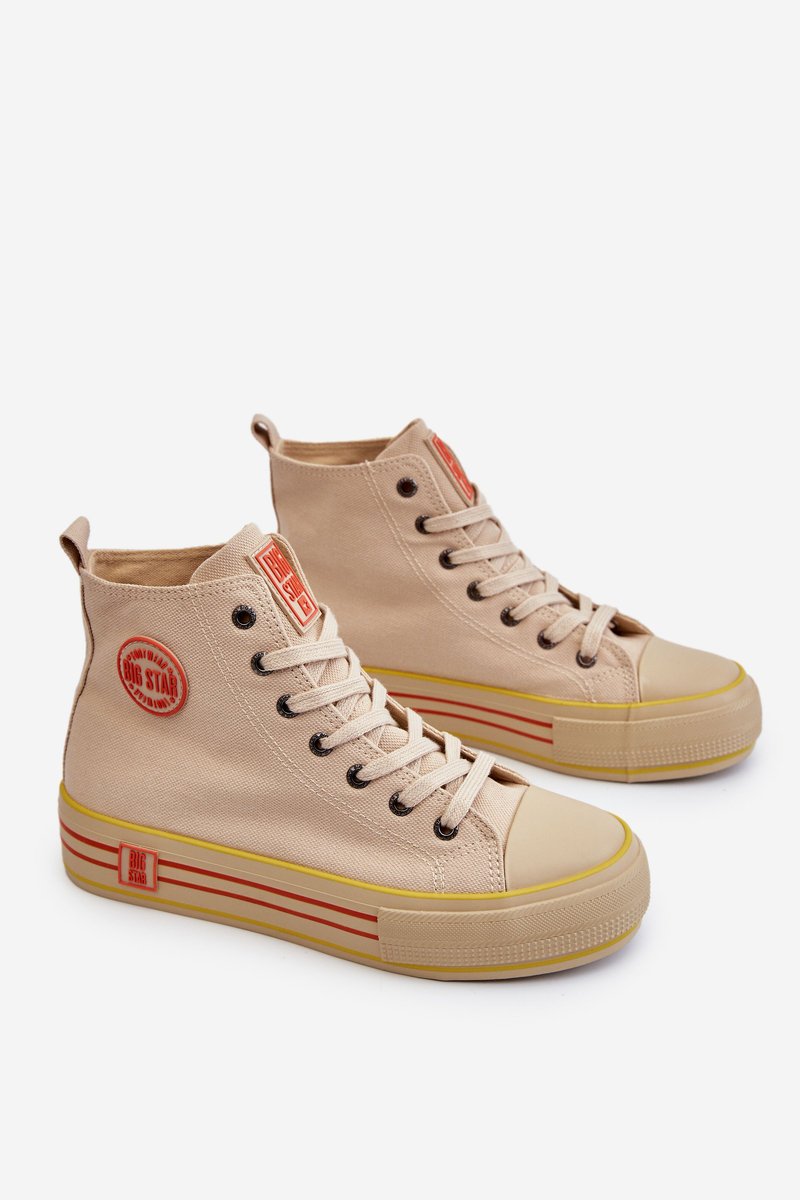 Damskie Wysokie Materiałowe Trampki Na Platformie Big Star LL274187 Beżowe-37