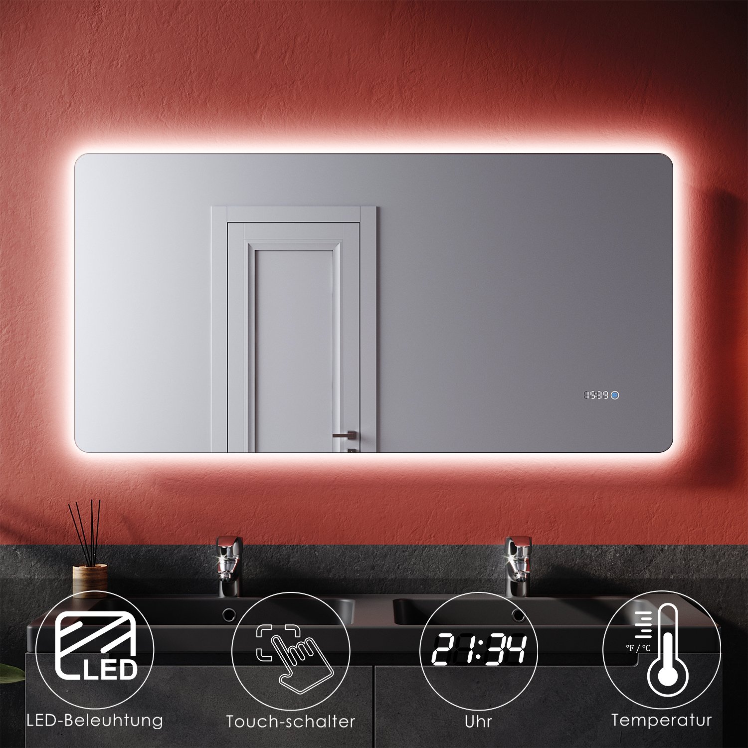 Lustro łazienkowe SONNI 120x60cm z przełącznikiem dotykowym, zegarem i wyświetlaczem temperatury, białe lustro ścienne z oświetleniem LED IP44