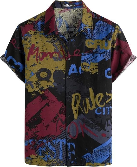 Męska Koszula Hawajska z Bawełny Czarno Czerwona Krótki Rękaw S